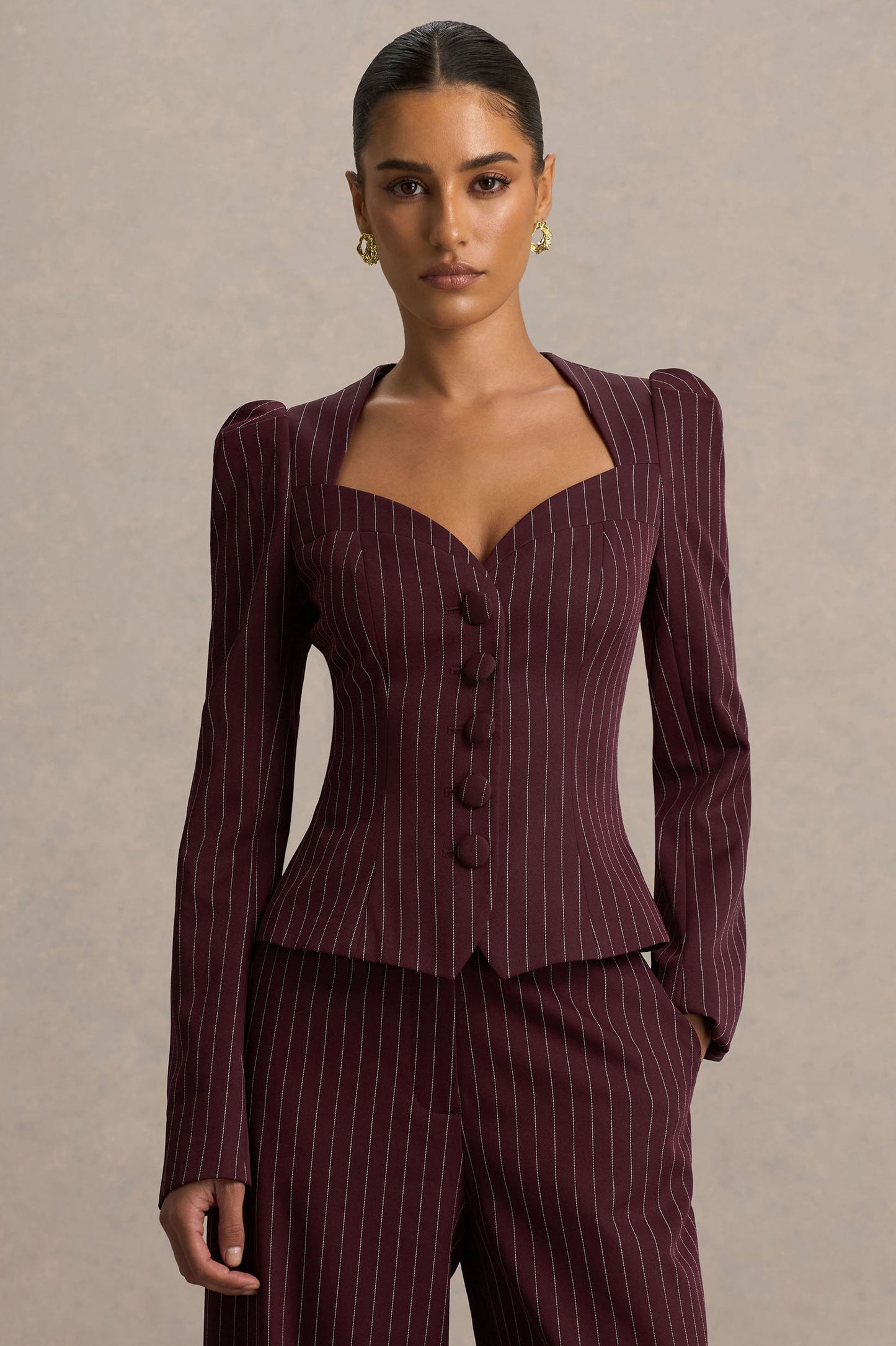 Lana | Burgundy Pinstripe Woven Sweetheart-Neck Tailored Top