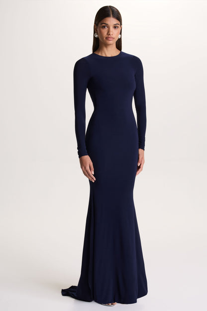 One Step Ahead | Navy Long Sleeve Backless Fishtail Maxi Dress