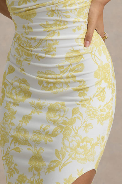 Sitara | Lemon Porcelain Print Cowl-Neck Maxi Dress With Asymmetric Skirt