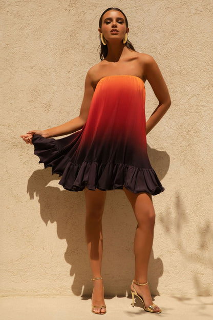 Tropical | Orange Ombre Satin Mini Dress With Ruffle Hem