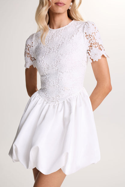 Taffy | White Lace Mini Dress With Satin Puffball Skirt