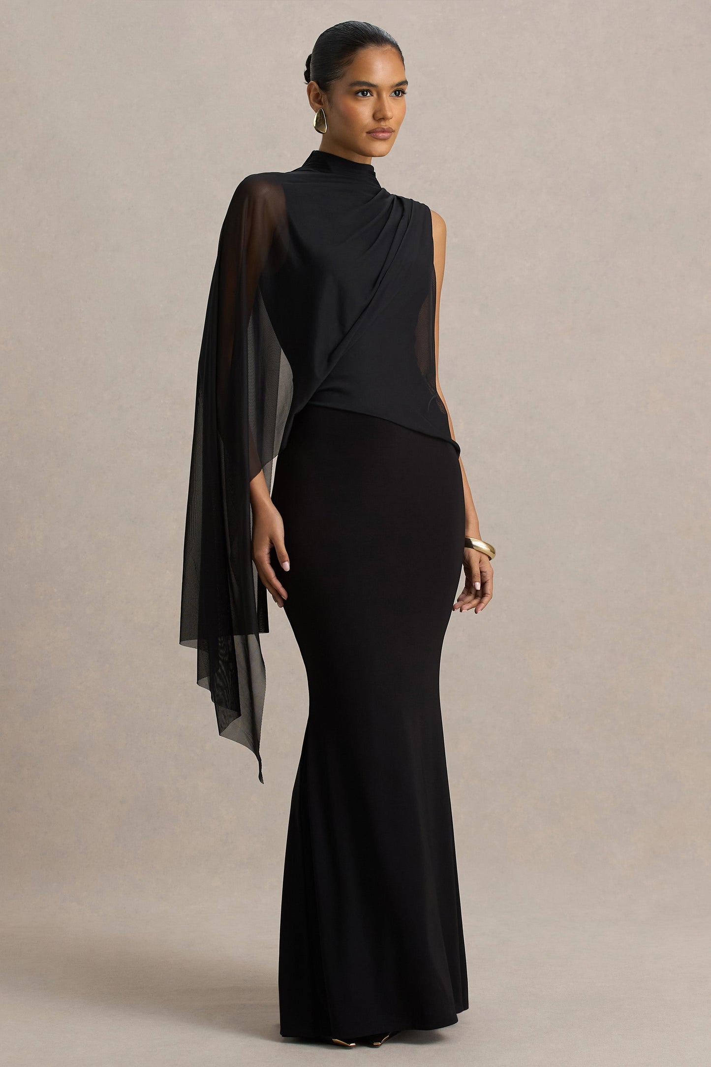 Amour | Black High-Neck Maxi Dress With Cape Sleeve Detail