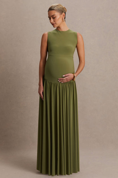 Outline | Olive Crew-Neck Maternity Maxi Dress With Pleated Skirt