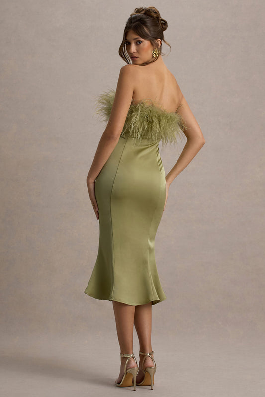 One And Only | Light Green Satin Feather Trim Bandeau Midi Dress