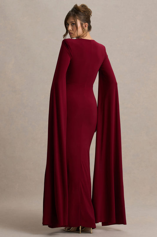 Claretta | Berry Square Neck Twisted Maxi Dress With Cape Sleeves