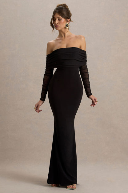 Madeleine | Black Fishtail Maxi Dress With Bardot Mesh Long Sleeves
