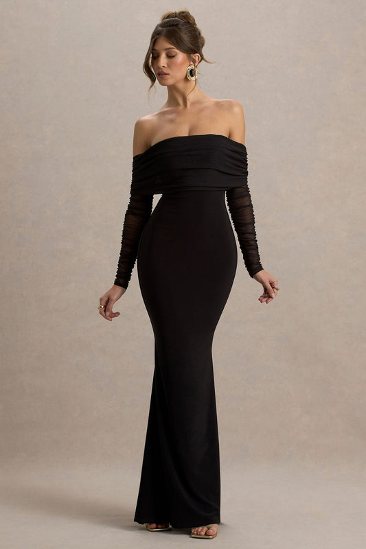 Madeleine | Black Fishtail Maxi Dress With Bardot Mesh Long Sleeves