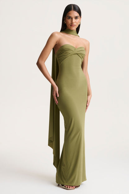Sheila | Olive Bandeau Maxi Dress With Scarf Detail
