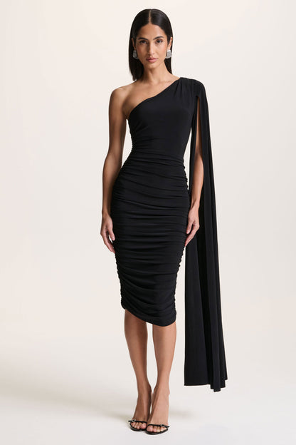 Yara | Black One Shoulder Cape Ruched Midi Dress