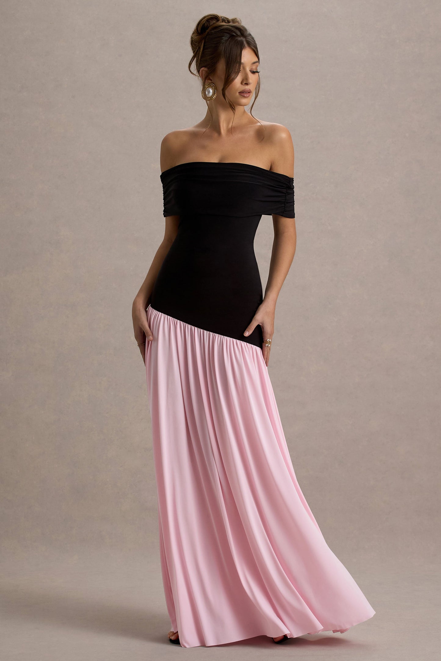 Venezia | Black & Pink Bardot Maxi Dress With Drop-Waist