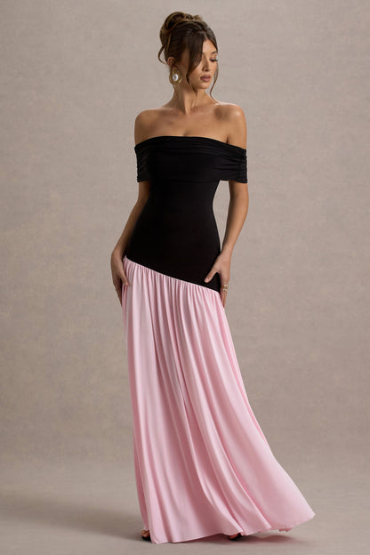 Venezia | Black & Pink Bardot Maxi Dress With Drop-Waist