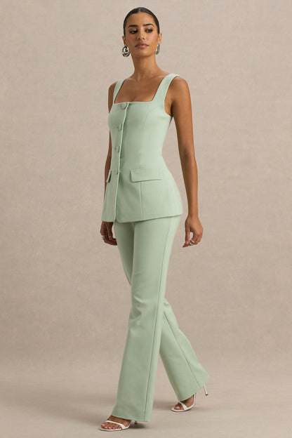 Aceline | Light Green Square-Neck Tailored Jumpsuit