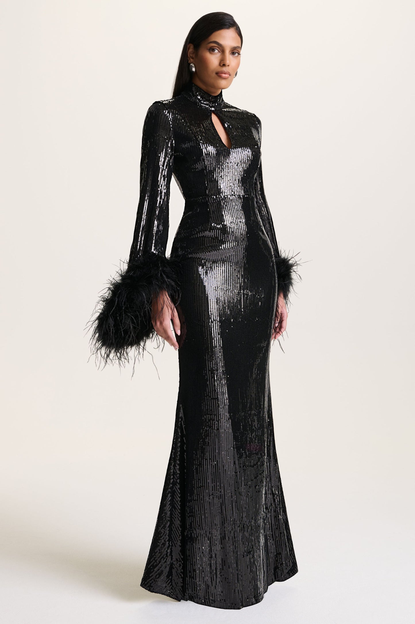 Cosmic Star | Black Sequin High-Neck Maxi Dress With Feather Cuffs