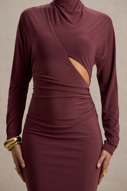 Pandora | Burgundy Long-Sleeve Midi Dress With Cut-Out