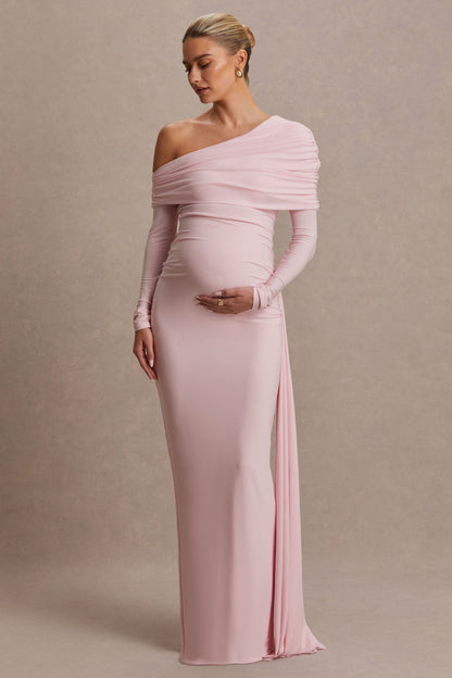 Amara | Blush Pink Asymmetric-Neck Maternity Maxi Dress With Sash Detail