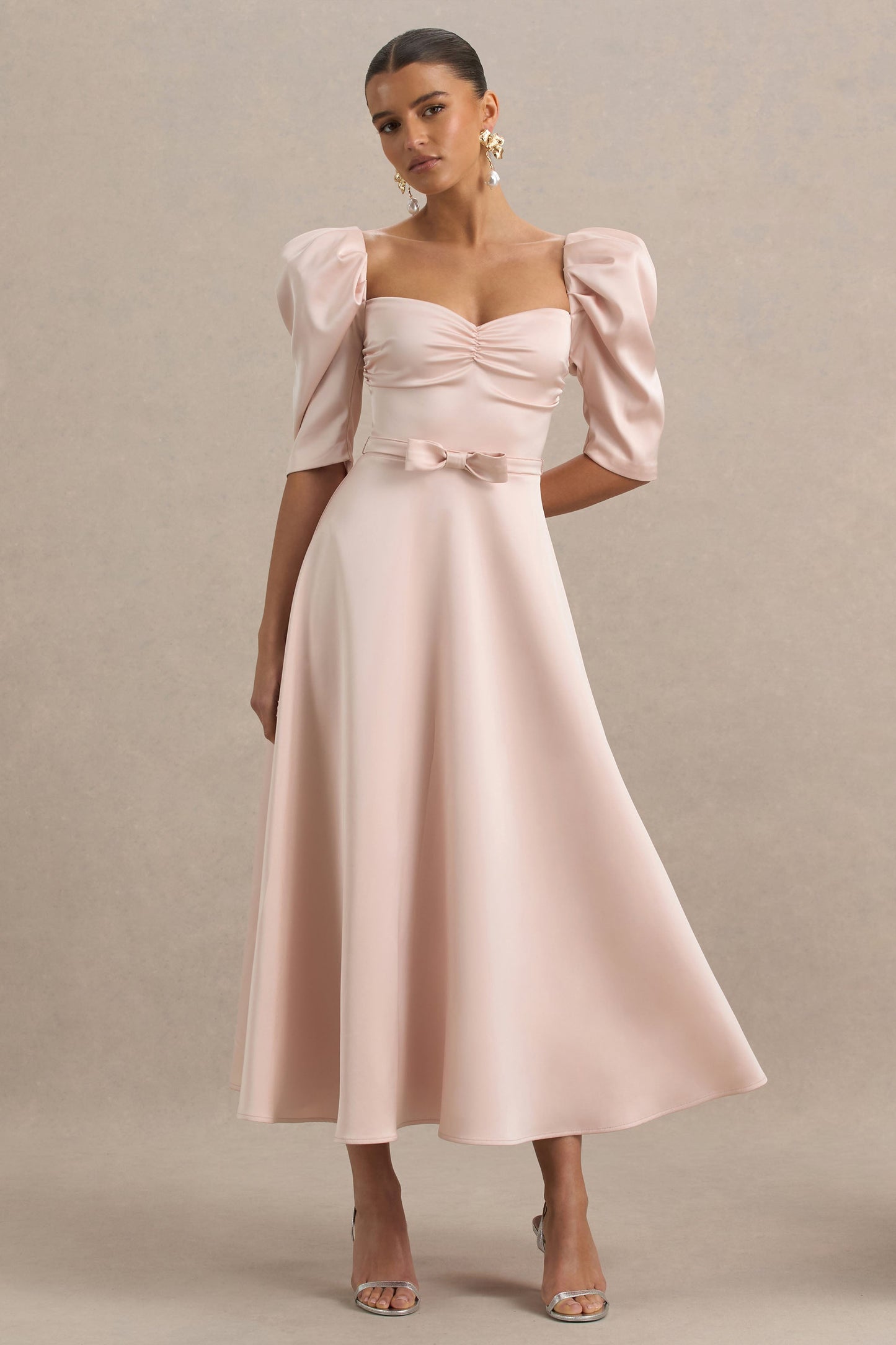 Rosey | Pale Pink Satin Sweetheart Midi Dress
