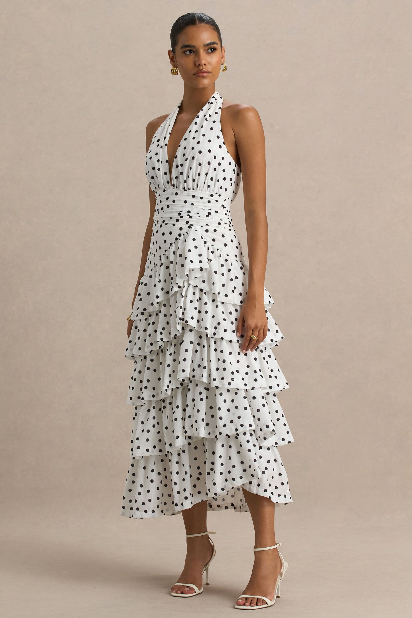 Violet | White Polka Dot Midi Dress With Halter-Neck and Ruffled Skirt