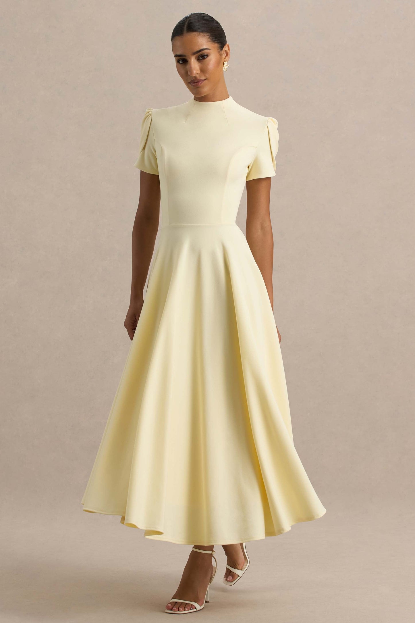 Vicky | Lemon High Neck Midi Dress With Puff Sleeves