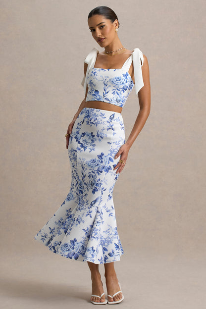 Amadea | Blue Porcelain Print Fishtail Midi Skirt