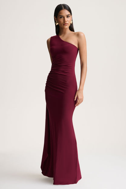Adelina | Burgundy One-Shoulder Maxi Dress With Drape