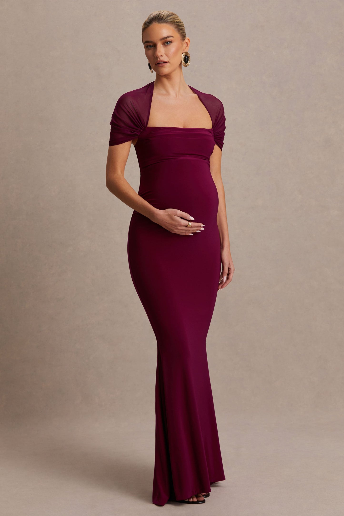 Dome | Burgundy Square-Neck Mesh-Sleeve Maternity Maxi Dress
