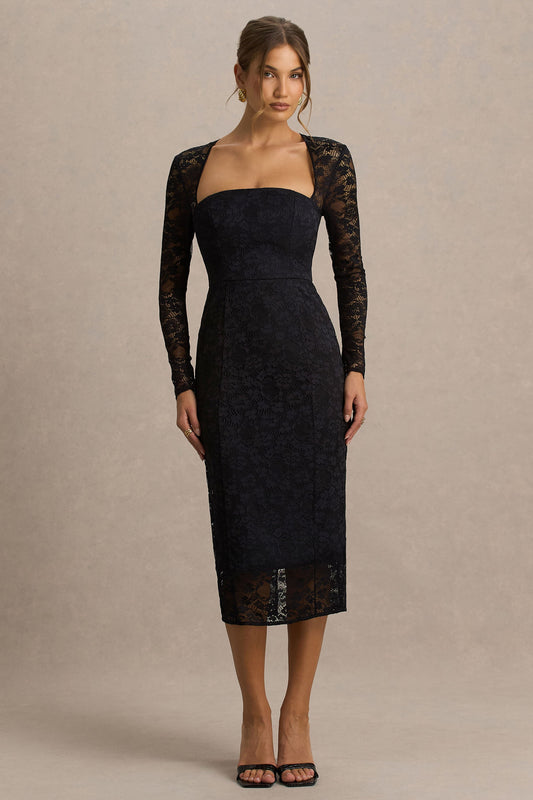 Alissa | Black Lace Square-Neck Midi Dress