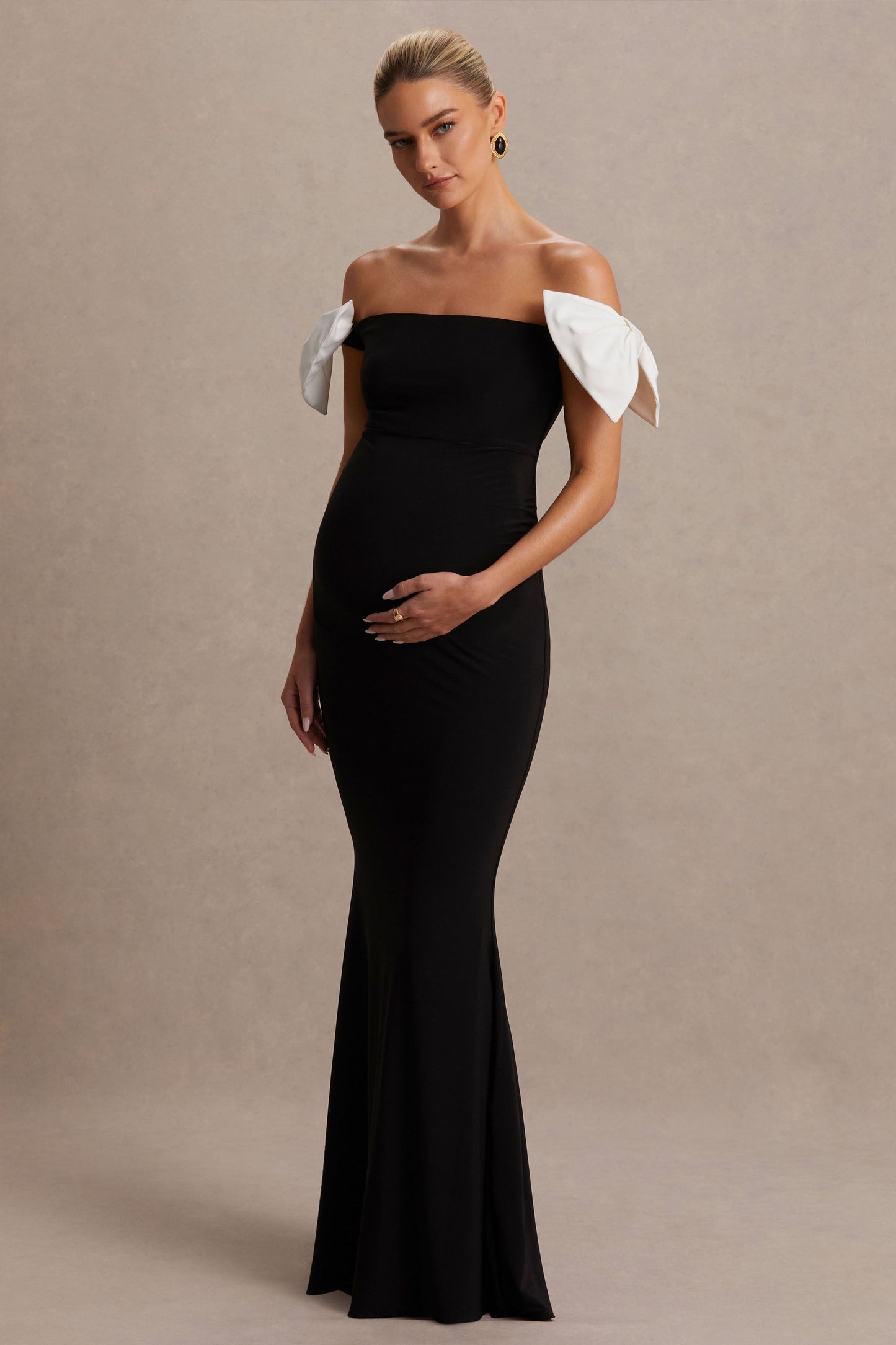 Didi | Black & White Bardot Bow Detail Maternity Maxi Dress