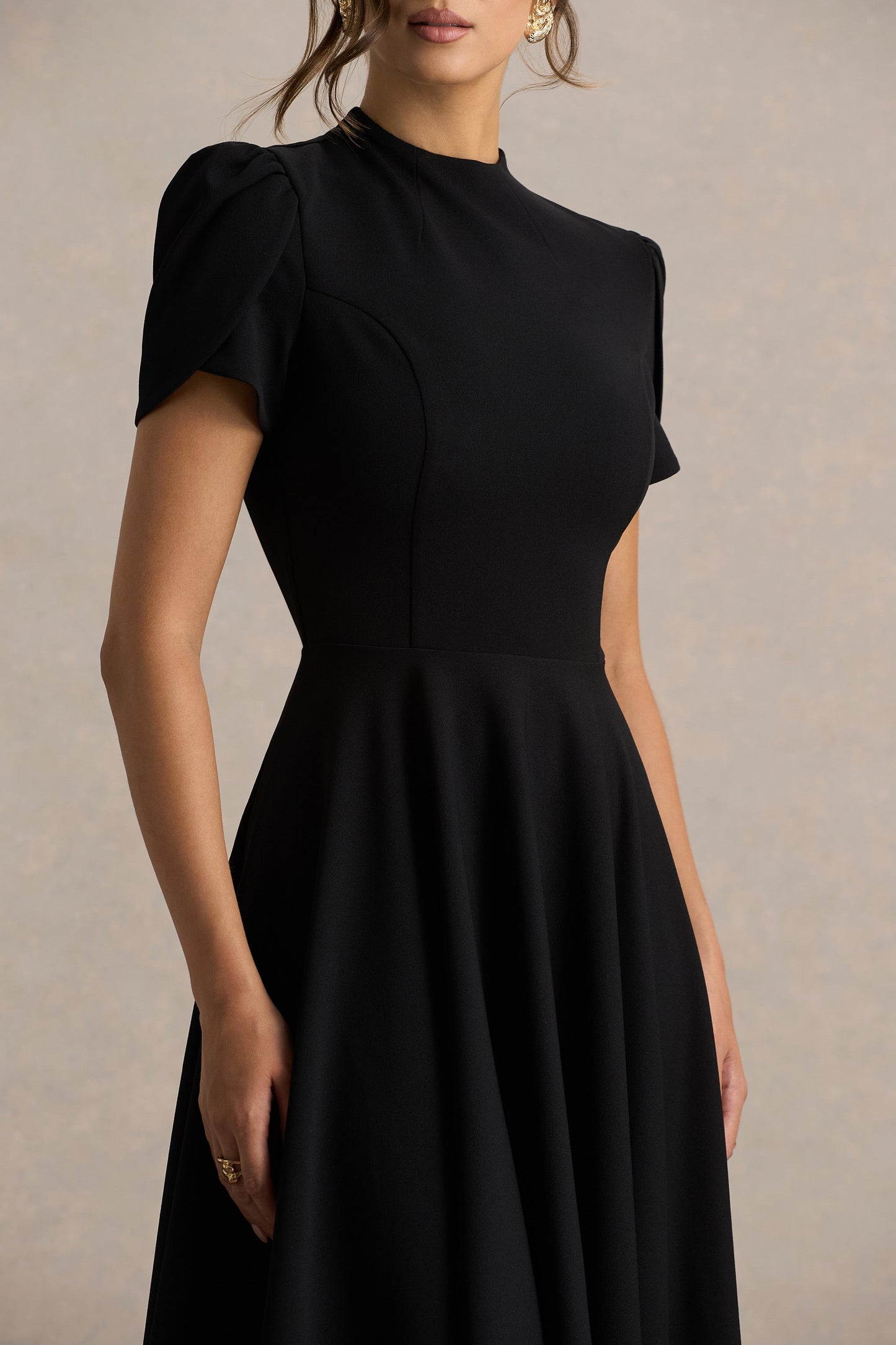 Vicky | Black High Neck Midi Dress With Puff Sleeves