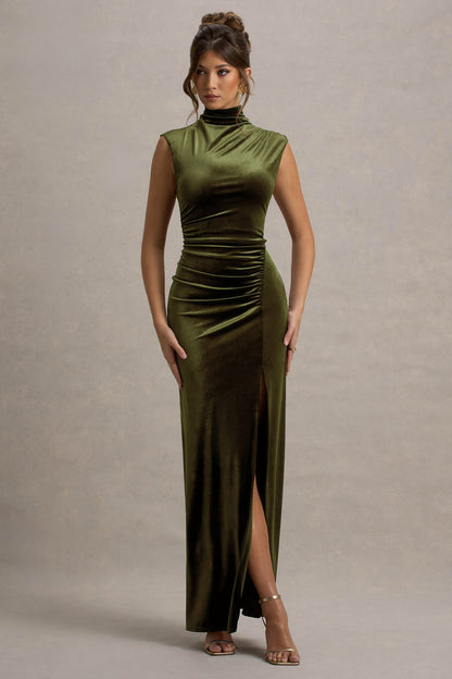 Abilene | Olive Velvet High-Neck Split Maxi Dress