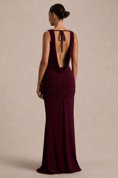 Mallie | Burgundy Cowl-Neck Maxi Dress With Open-Back And Gathered-Detailing