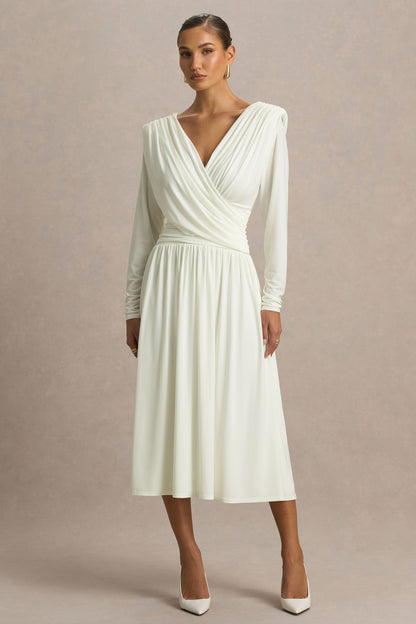 Alexis | Cream Plunge-Neck Midi Dress With Draped And Ruched Detailing