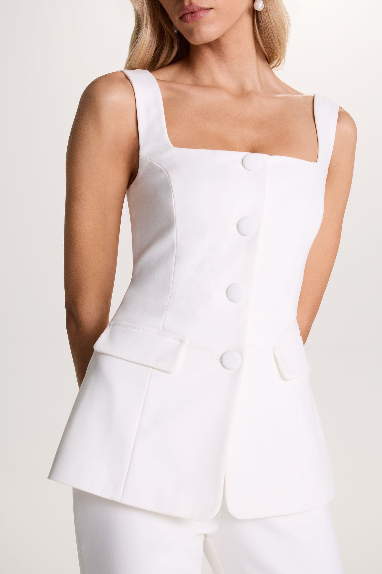 Aceline | White Square-Neck Tailored Jumpsuit