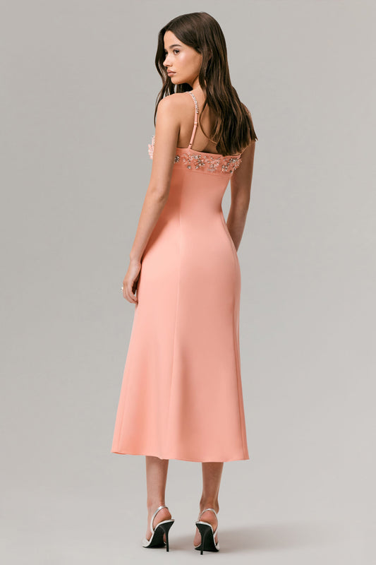 One To Remember | Coral Square-Neck Embellished Midi Dress