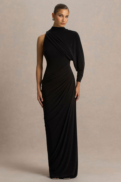 Aphra | Black High-Neck Maxi Dress With Cape-Sleeve