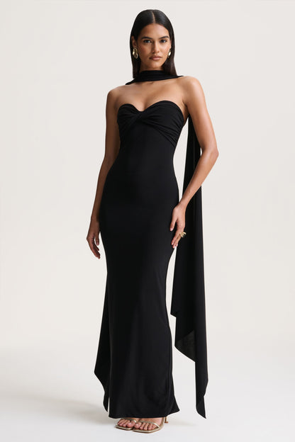 Sheila | Black Bandeau Maxi Dress With Scarf Detail