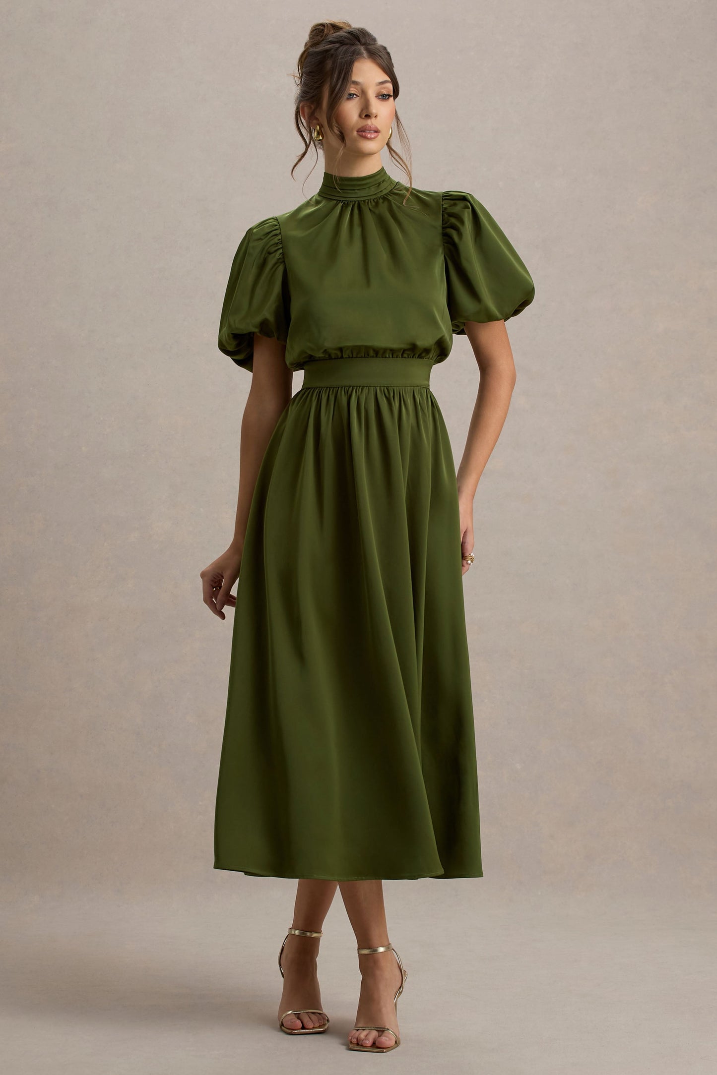 Persea | Olive Satin Puff-Sleeve Midi Dress With Bow