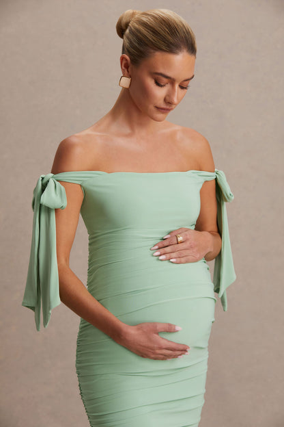 Chandelier | Light Green Bardot Maternity Midi Dress With Bow Details