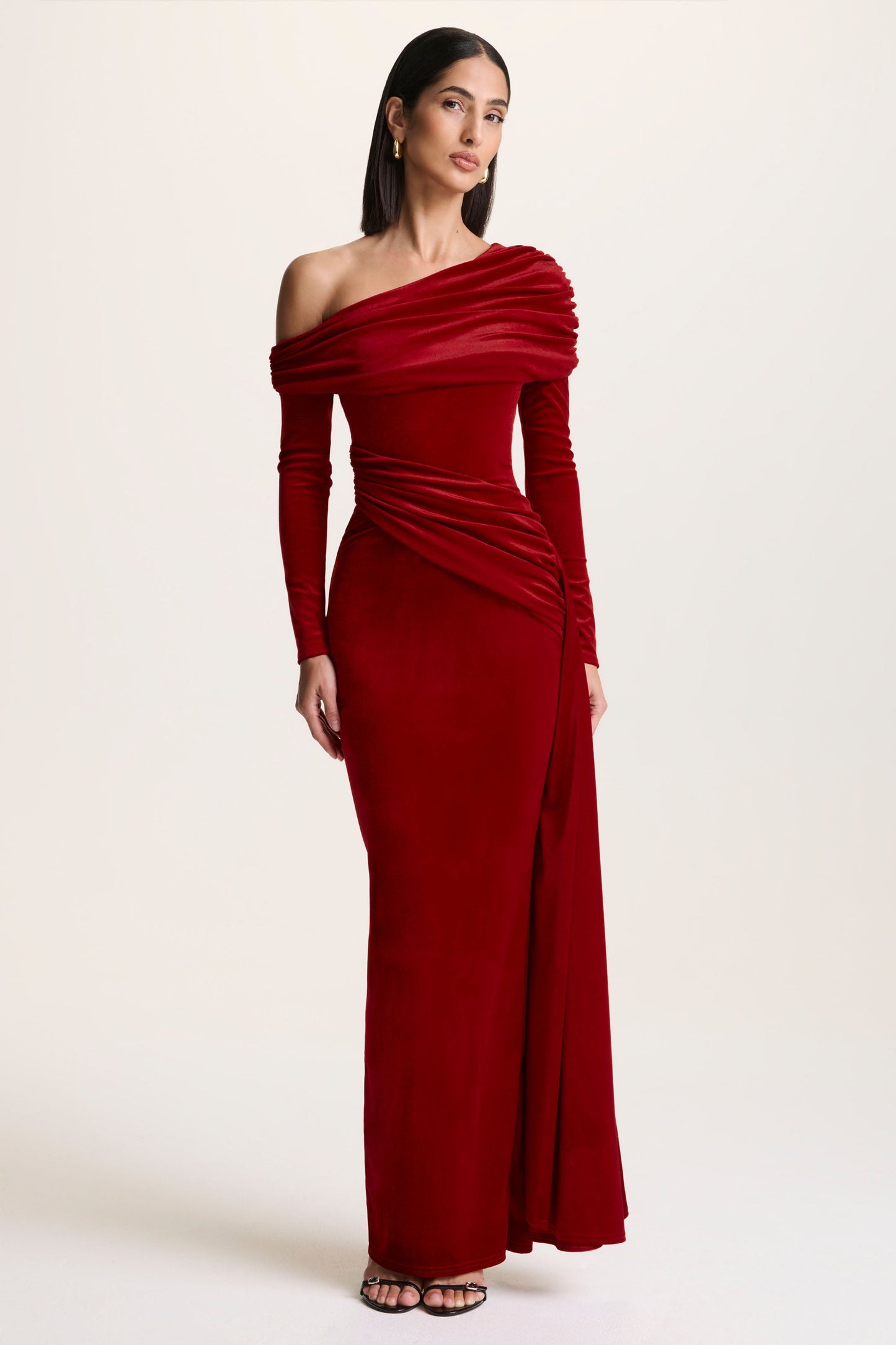 Hadria | Red Velvet Asymmetric-Neck Maxi Dress With Sash-Detail