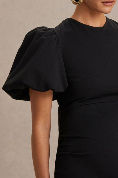 Luna | Black Crew-Neck Maternity Midi Dress With Puff-Sleeves