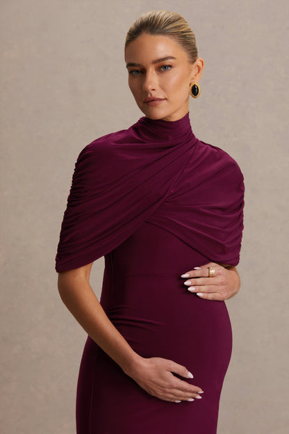 Augustina | Burgundy Maternity Midi Dress With Cape