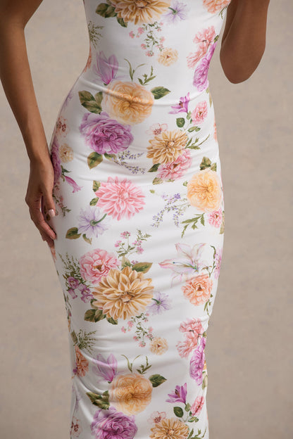 Nora | Peach And Lilac Floral Twisted Asymmetric Midi Dress