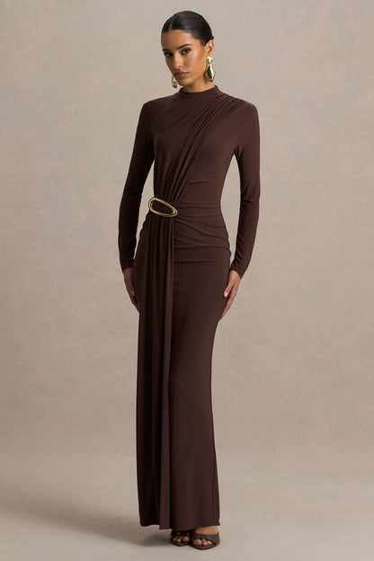 Zadie | Brown High-Neck Maxi Dress With Gathered-Detail