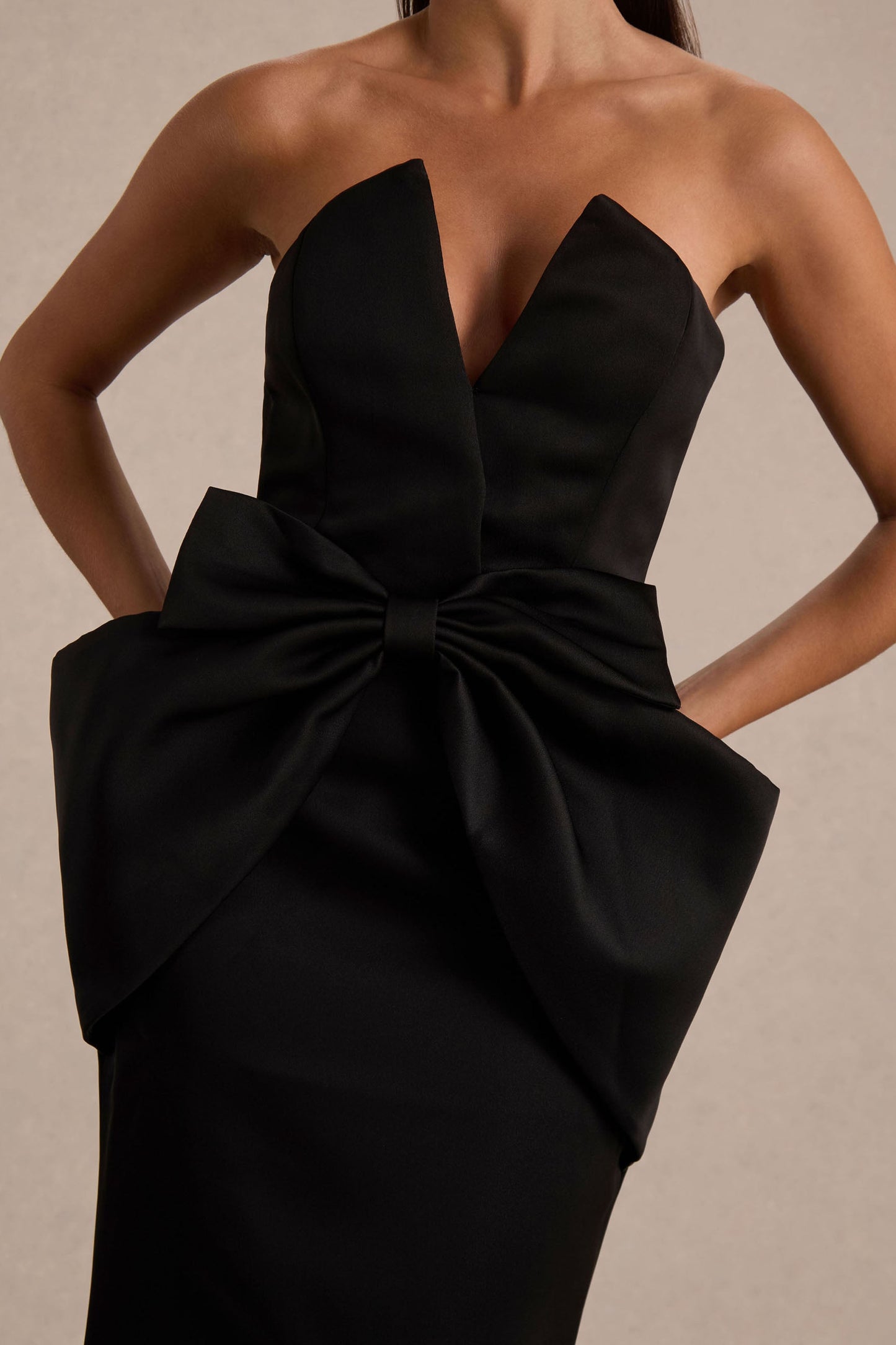 Sonata | Black Satin Bandeau Maxi Dress With Bow Detail