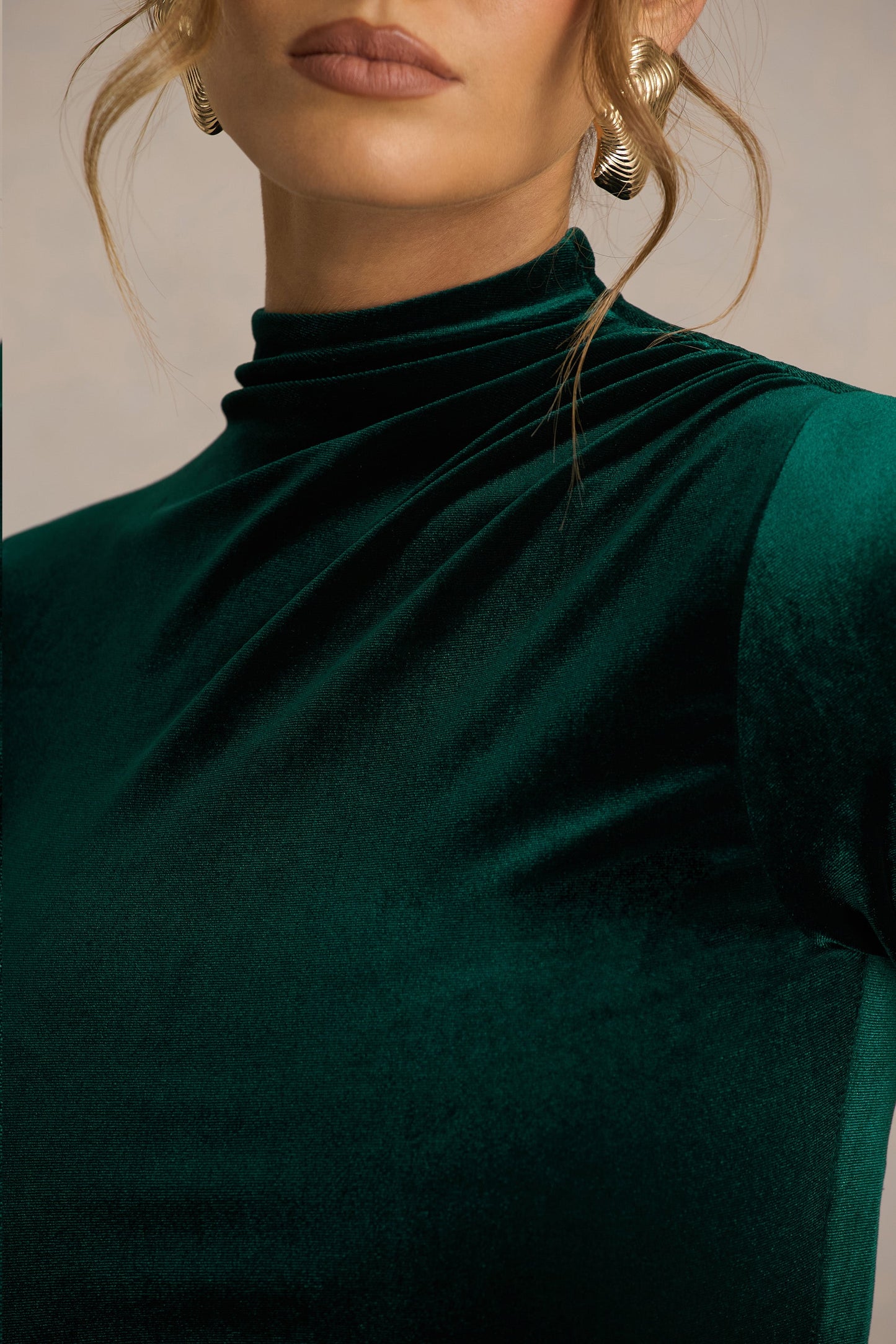 Wishes | Bottle Green Velvet High-Neck Maxi Dress With Wrap Skirt