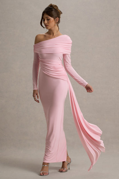 Valina | Pink Ruched Asymmetric Maxi Dress With Drape
