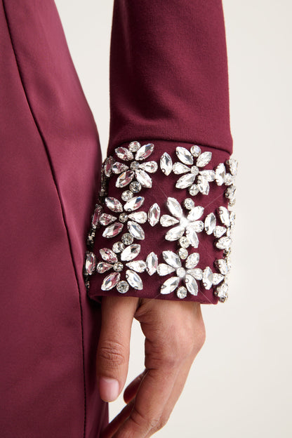 Starred | Burgundy Crew-Neck Maxi Dress With Drop-Waist And Satin Wrap-Skirt