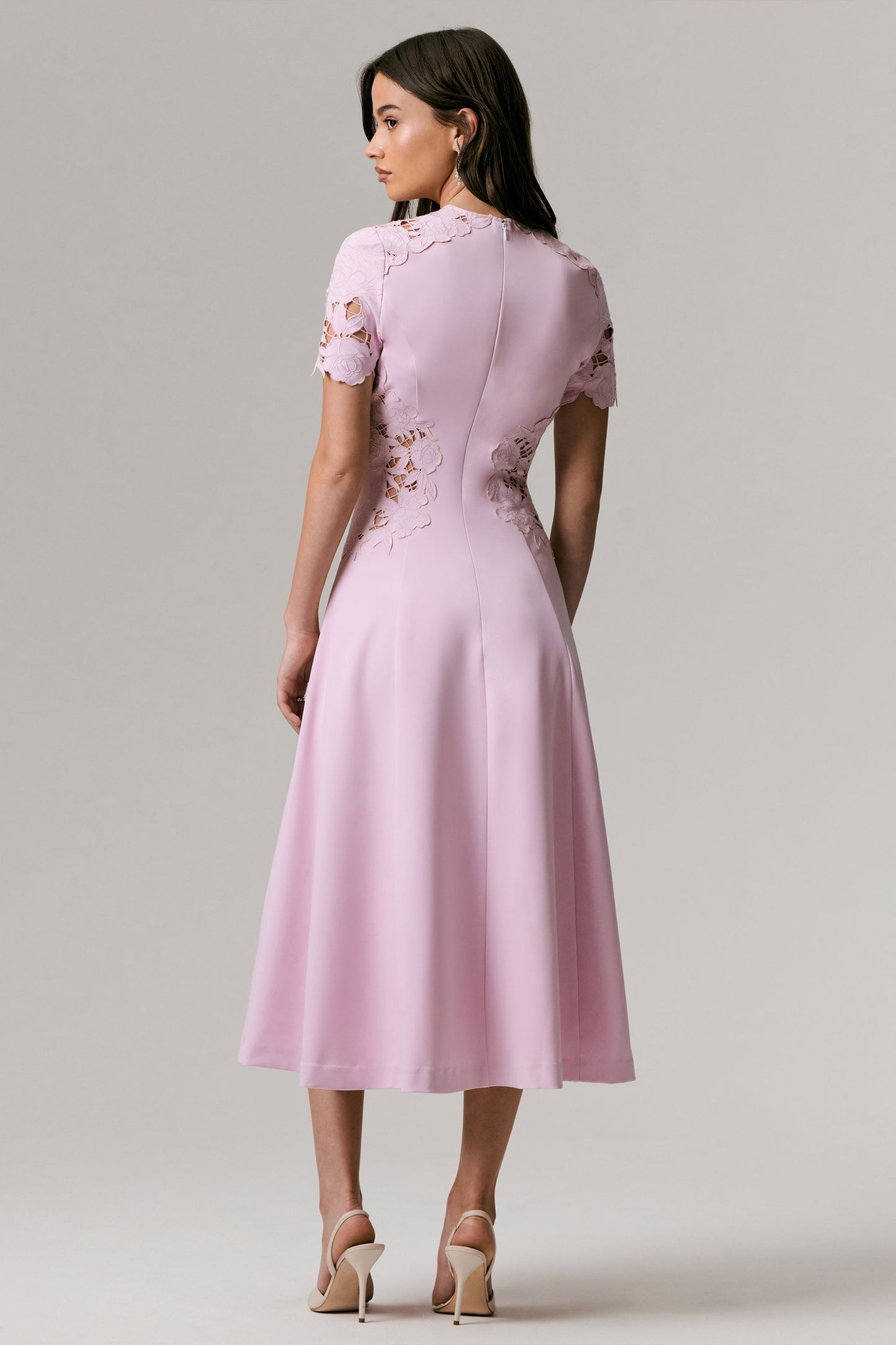 So Sweet | Pink Crew-Neck Midi Dress With Cut-Out Embroidered Detailing
