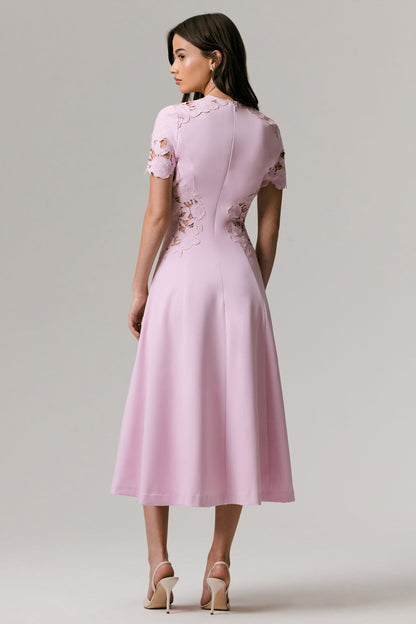 So Sweet | Pink Crew-Neck Midi Dress With Cut-Out Embroidered Detailing