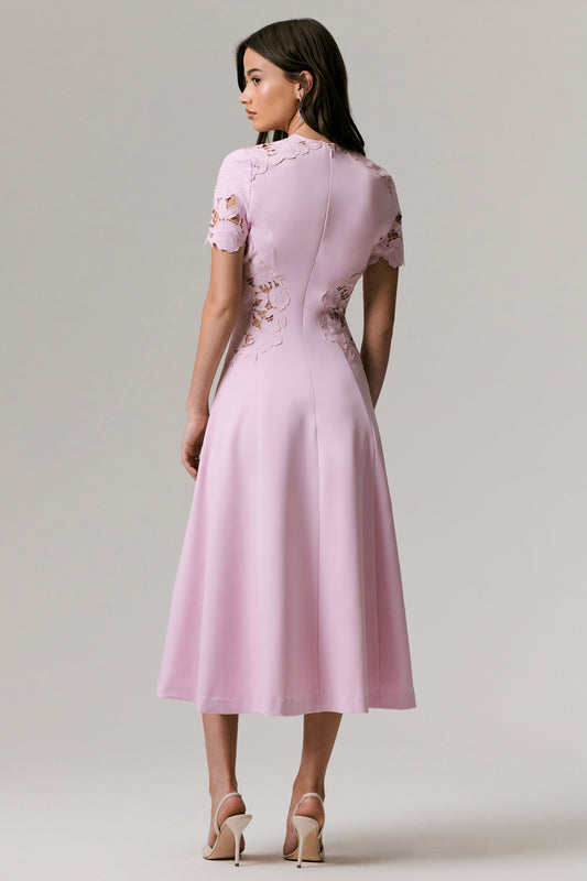 So Sweet | Pink Crew-Neck Midi Dress With Cut-Out Embroidered Detailing