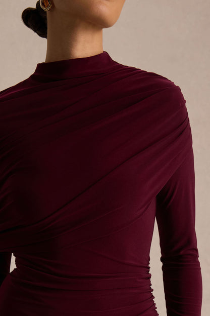 Gatsby | Burgundy High-Neck Maxi Dress With Feather Trim Cuffs